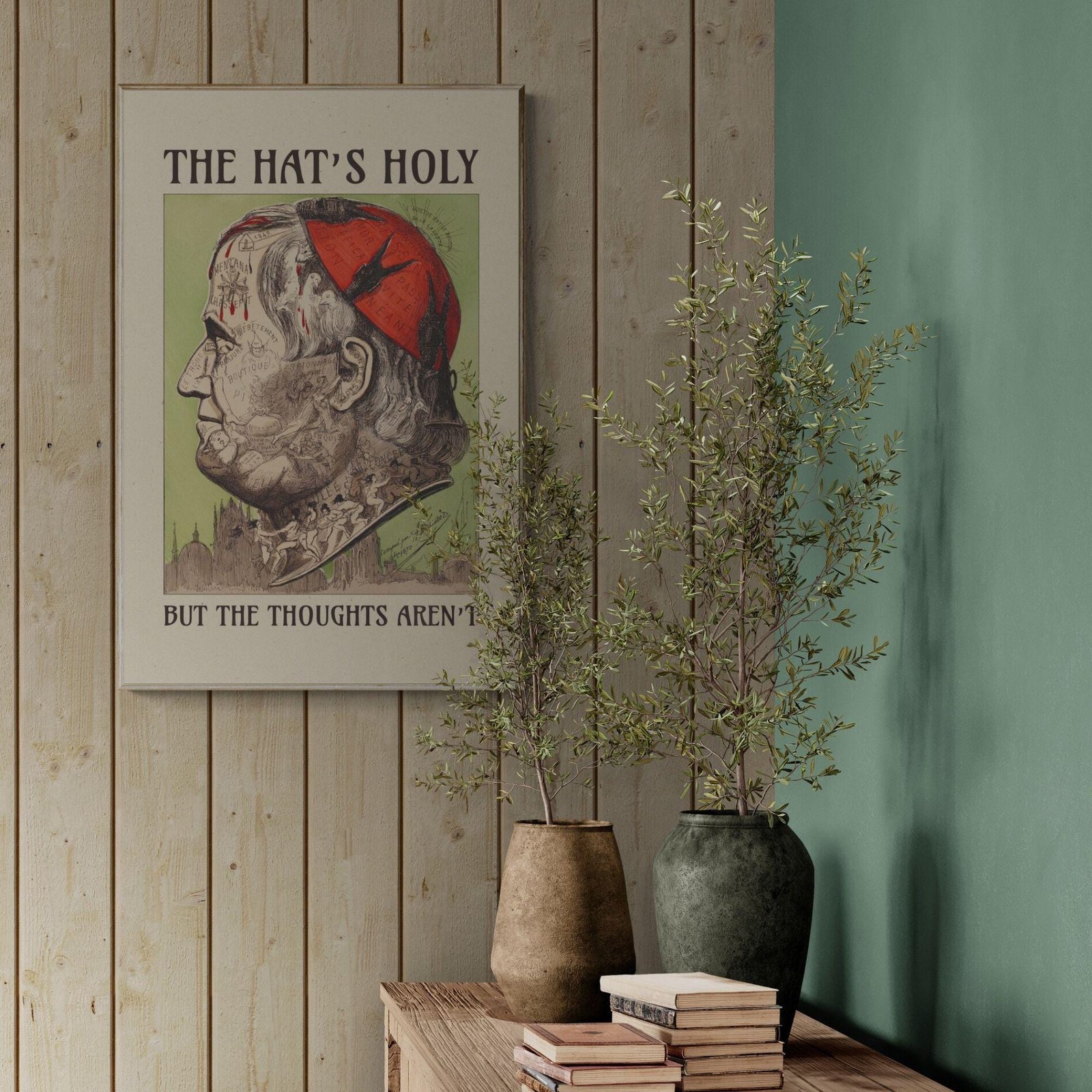Pope satirical illustration with text, wooden wall background.