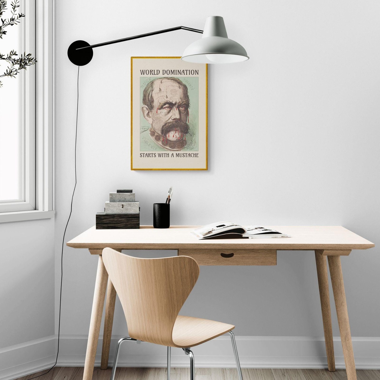 Minimalist desk with lamp and poster.