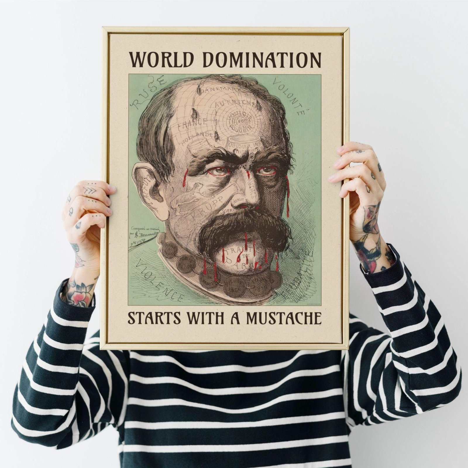 Framed poster: 'World Domination Starts With a Mustache'.