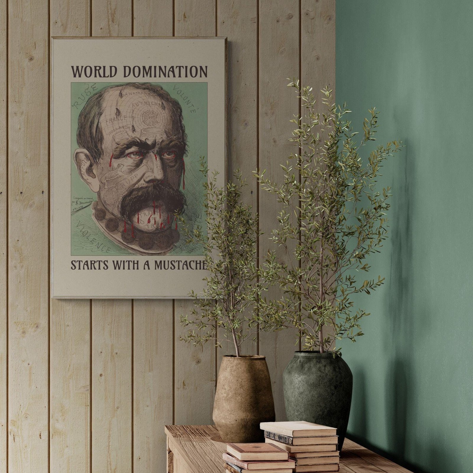 Art poster with man's face and mustache.