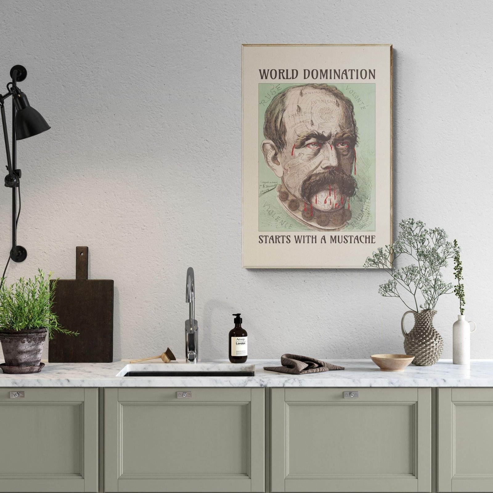 Kitchen with mustache-themed wall poster.