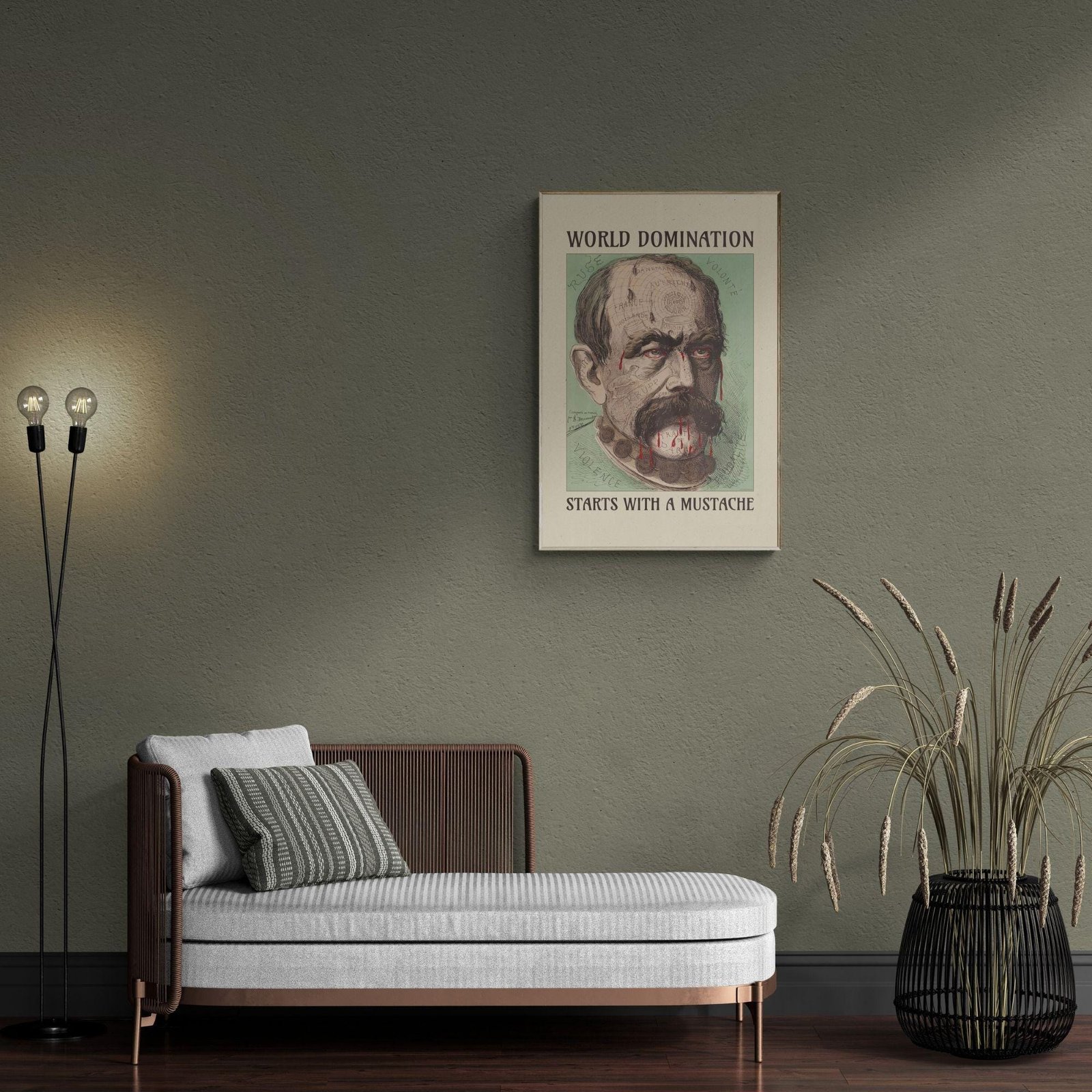 Minimalist room with mustache-themed wall art.