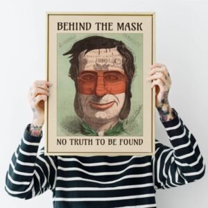 Person holding framed artwork with masked face