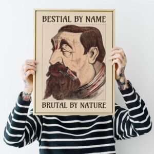 Person holding a satirical illustration poster.