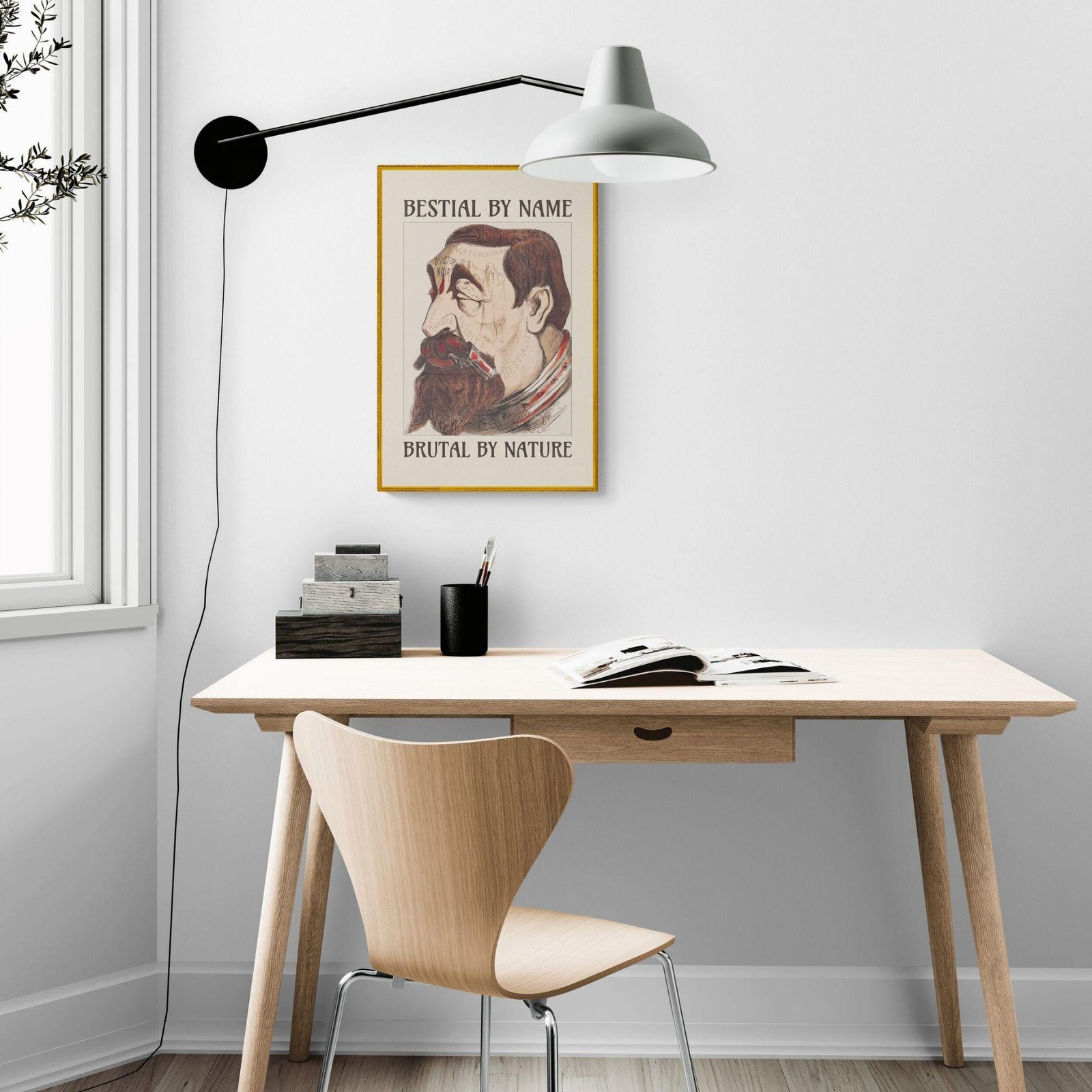 Minimalist study desk with wall art and lamp.