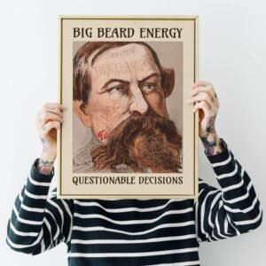 Person holding framed bearded man illustration, striped shirt.