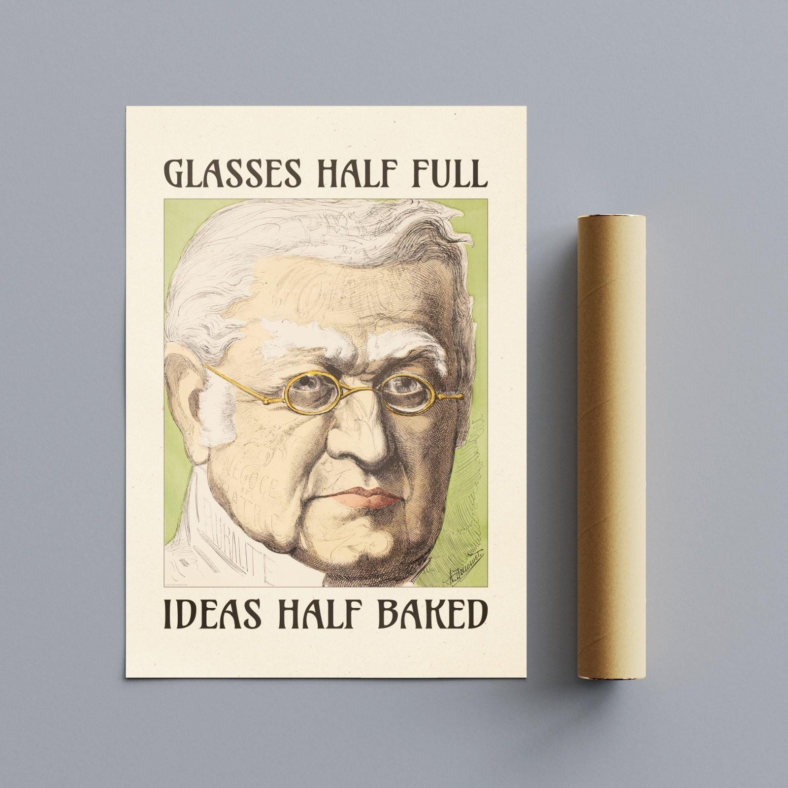 Illustrated poster: 'Glasses Half Full, Ideas Half Baked'