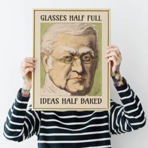 Person holding framed vintage illustration of glasses.