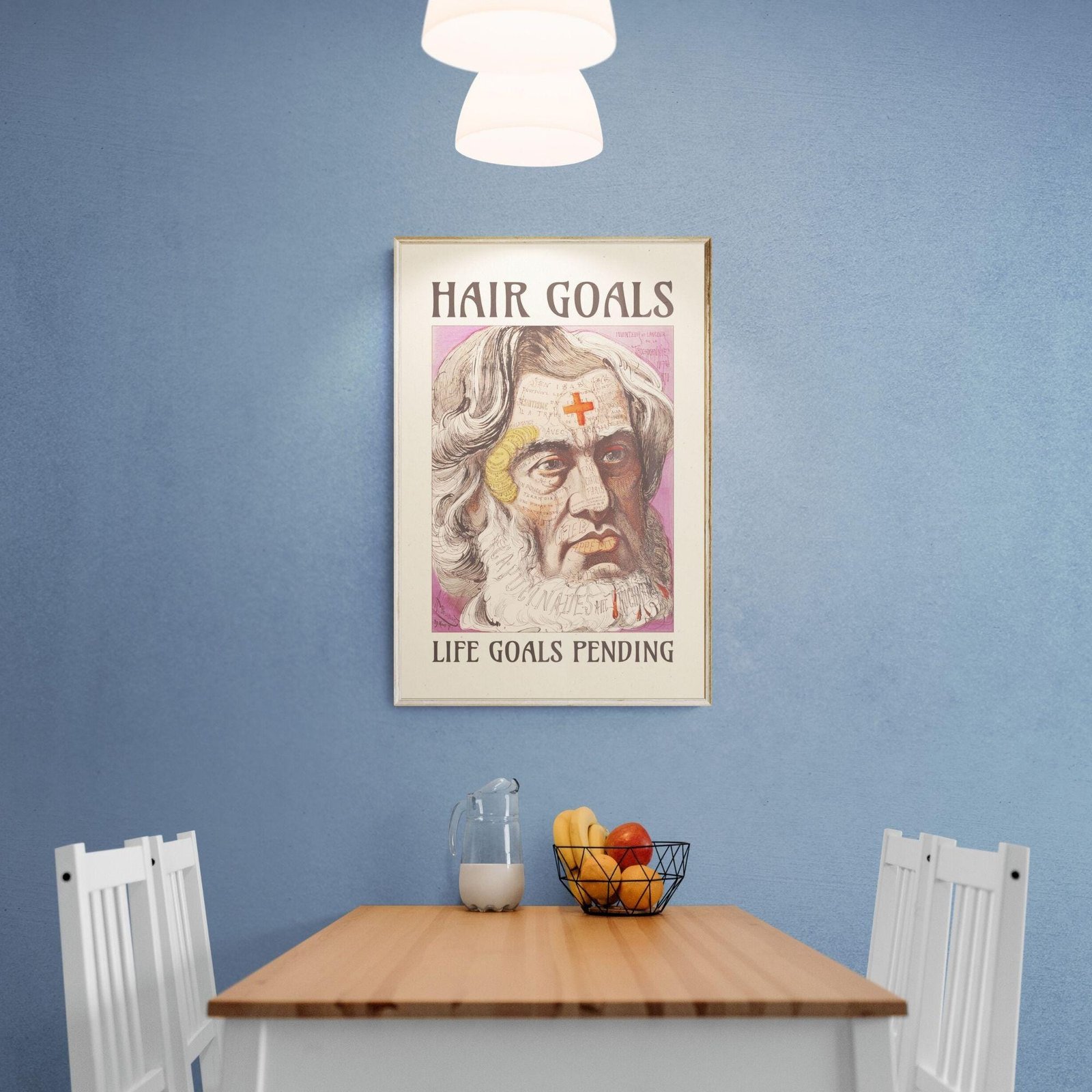 Dining room with humorous 'Hair Goals' poster.