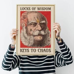 Tattooed person holding surreal bearded portrait artwork.