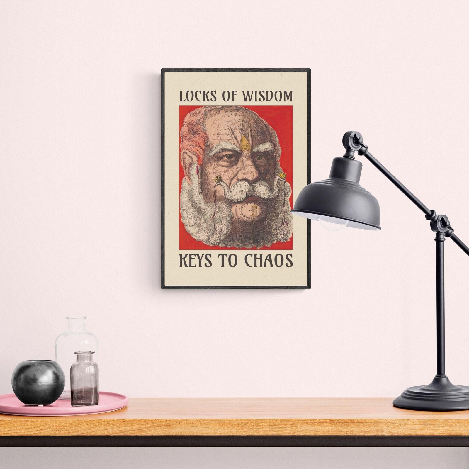 Framed artwork: Locks of Wisdom, Keys to Chaos.