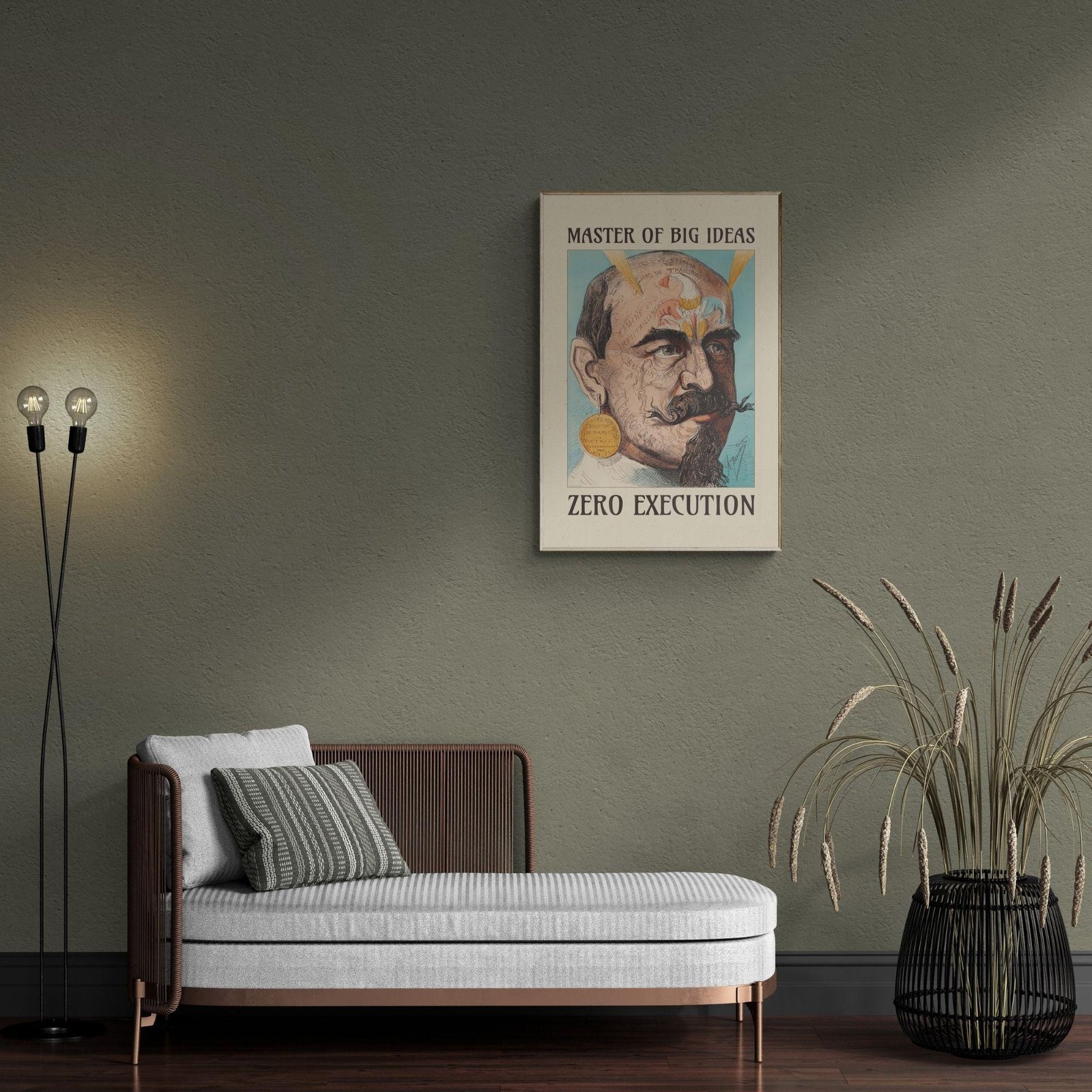 Elegant room with daybed and framed artwork.