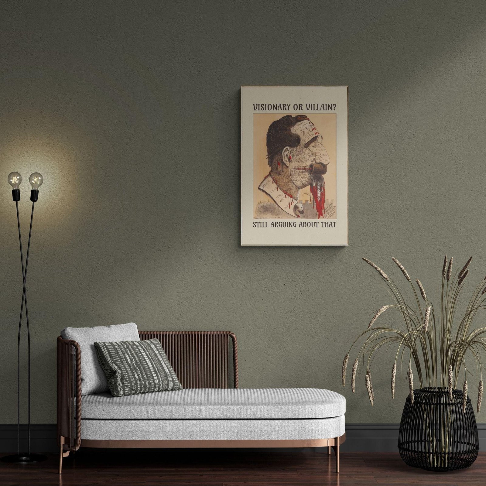 Modern living room with artwork and chaise lounge.