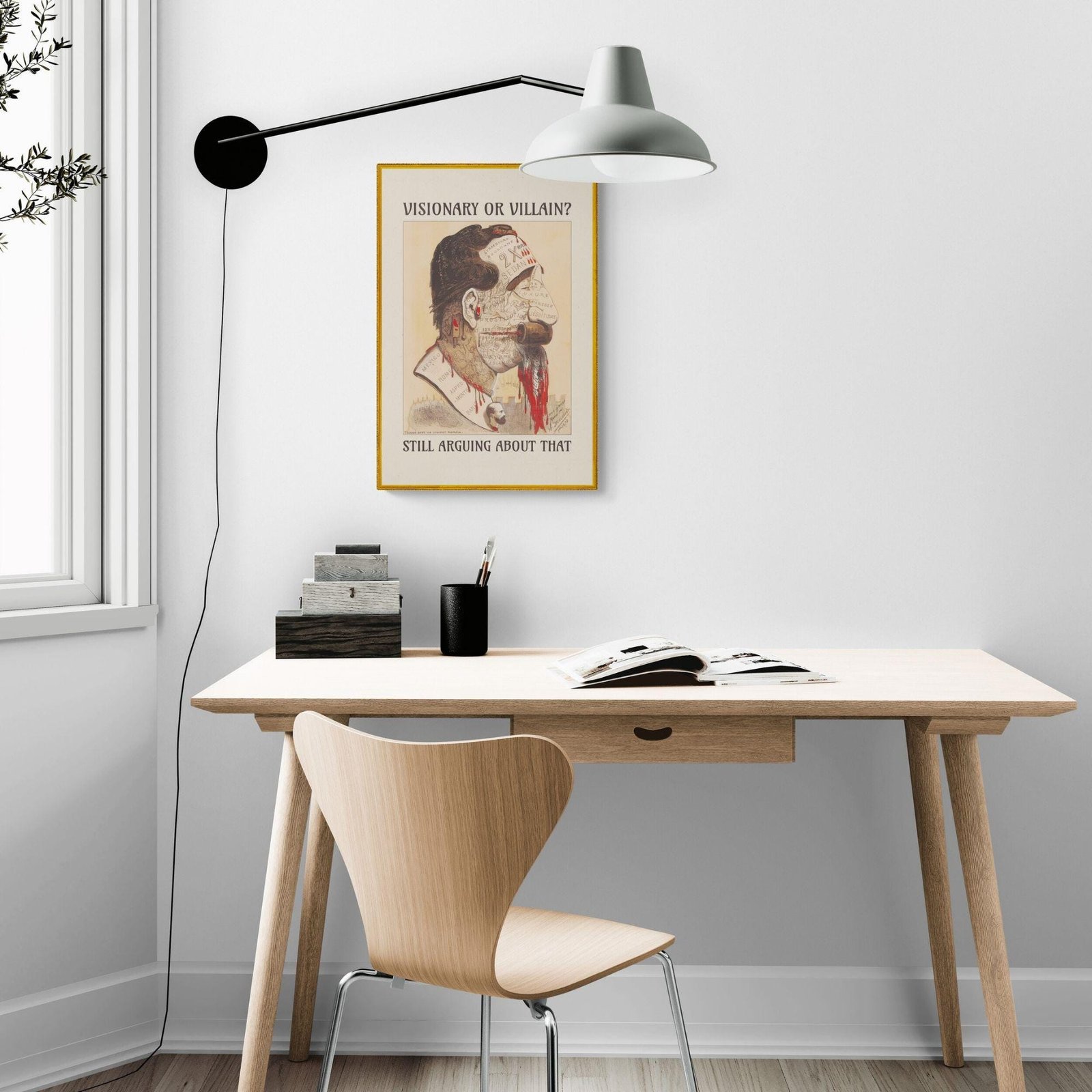 Minimalist workspace with wall art and desk.