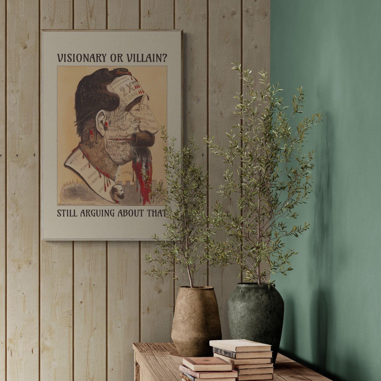 Wall art of historical figure in rustic interior.