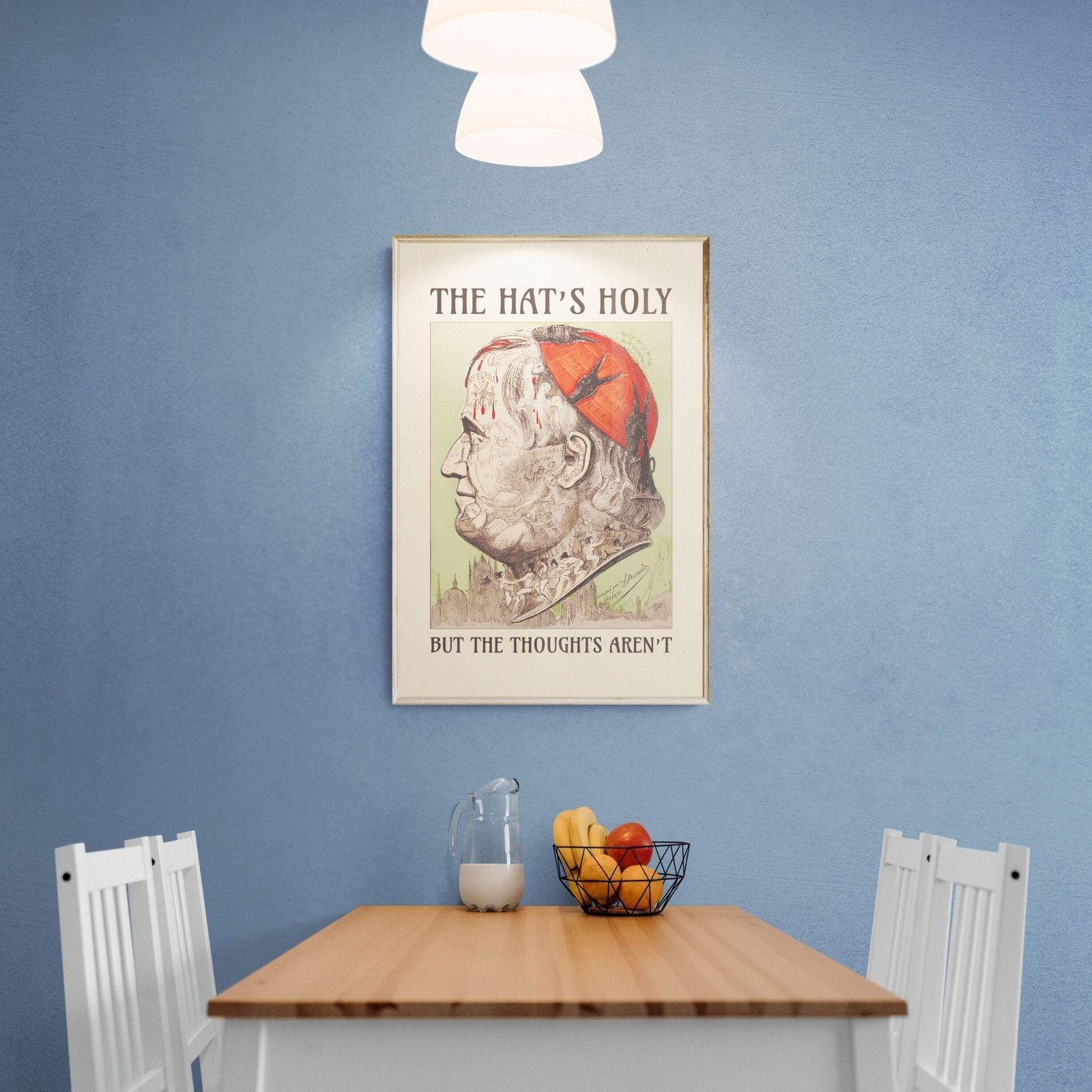 Dining area with framed artwork on wall.