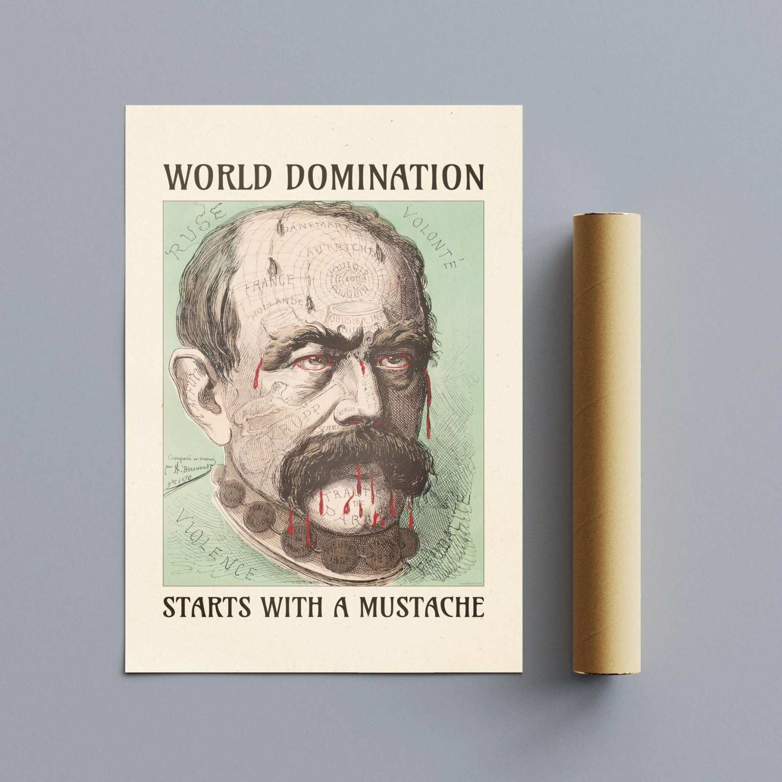 Satirical Artwork, Dark Academia Art: “World Domination – Starts with a Mustache” – Phrenology Head Print - Image 10