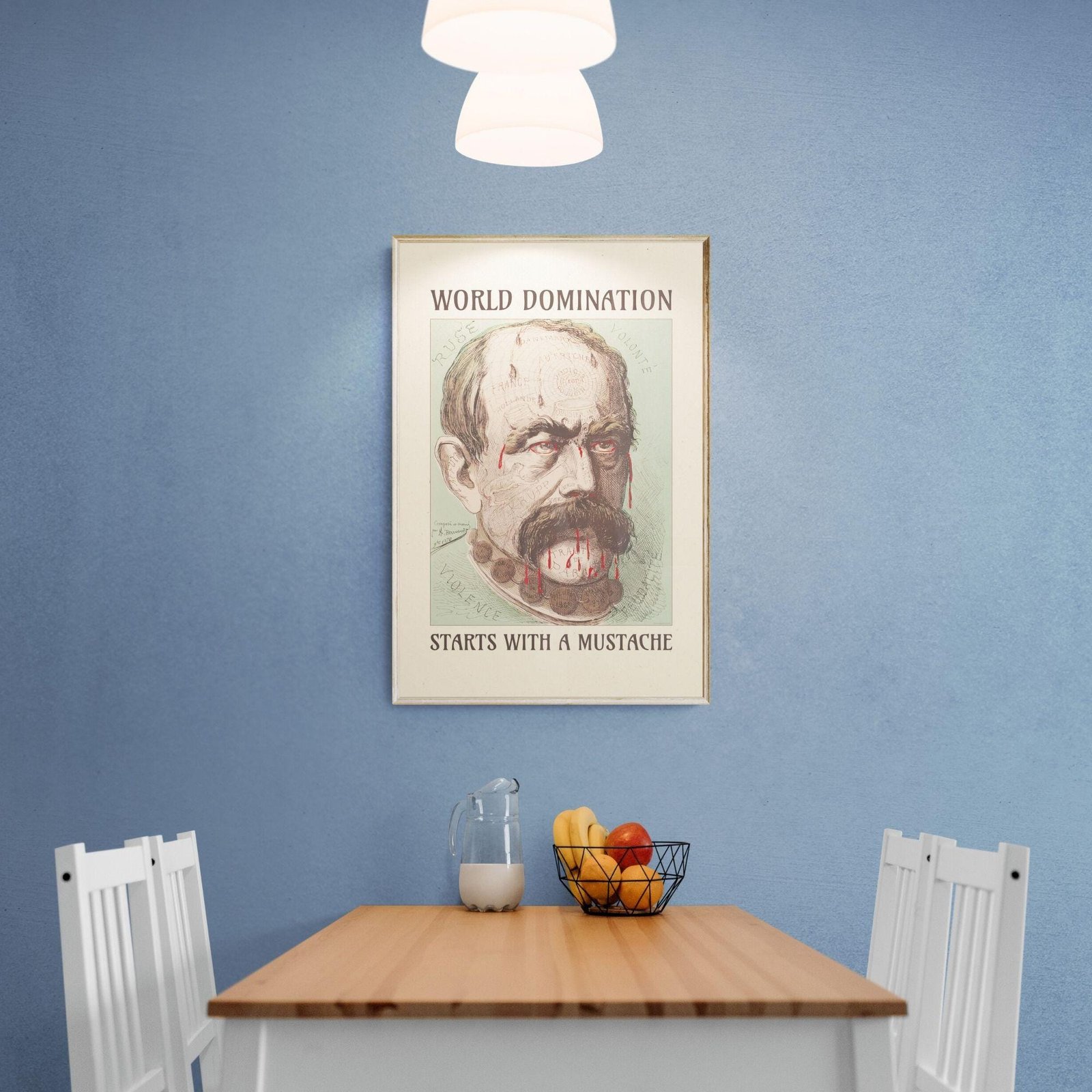 Dining area with mustache poster on wall.