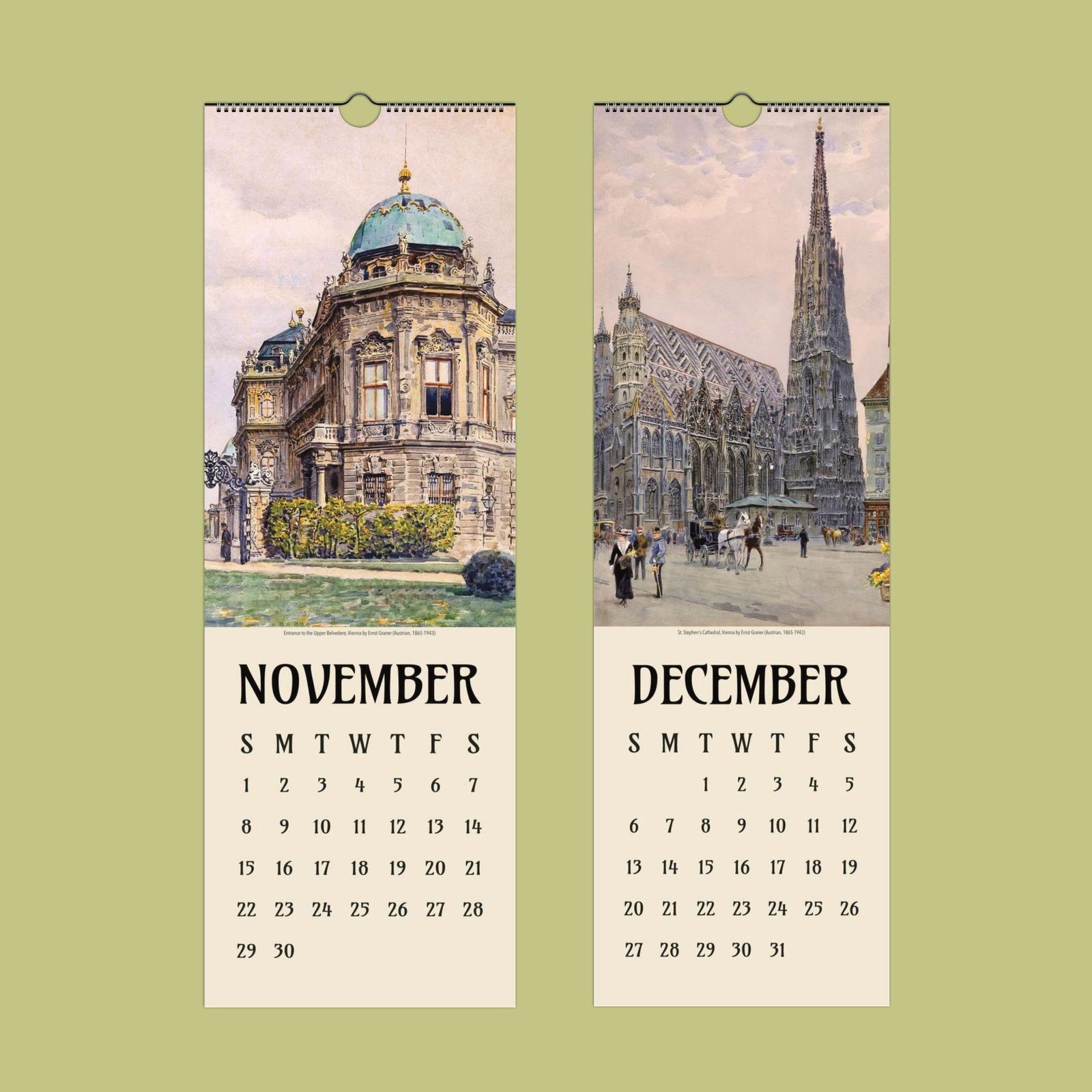 November and December 2023 calendar with paintings.