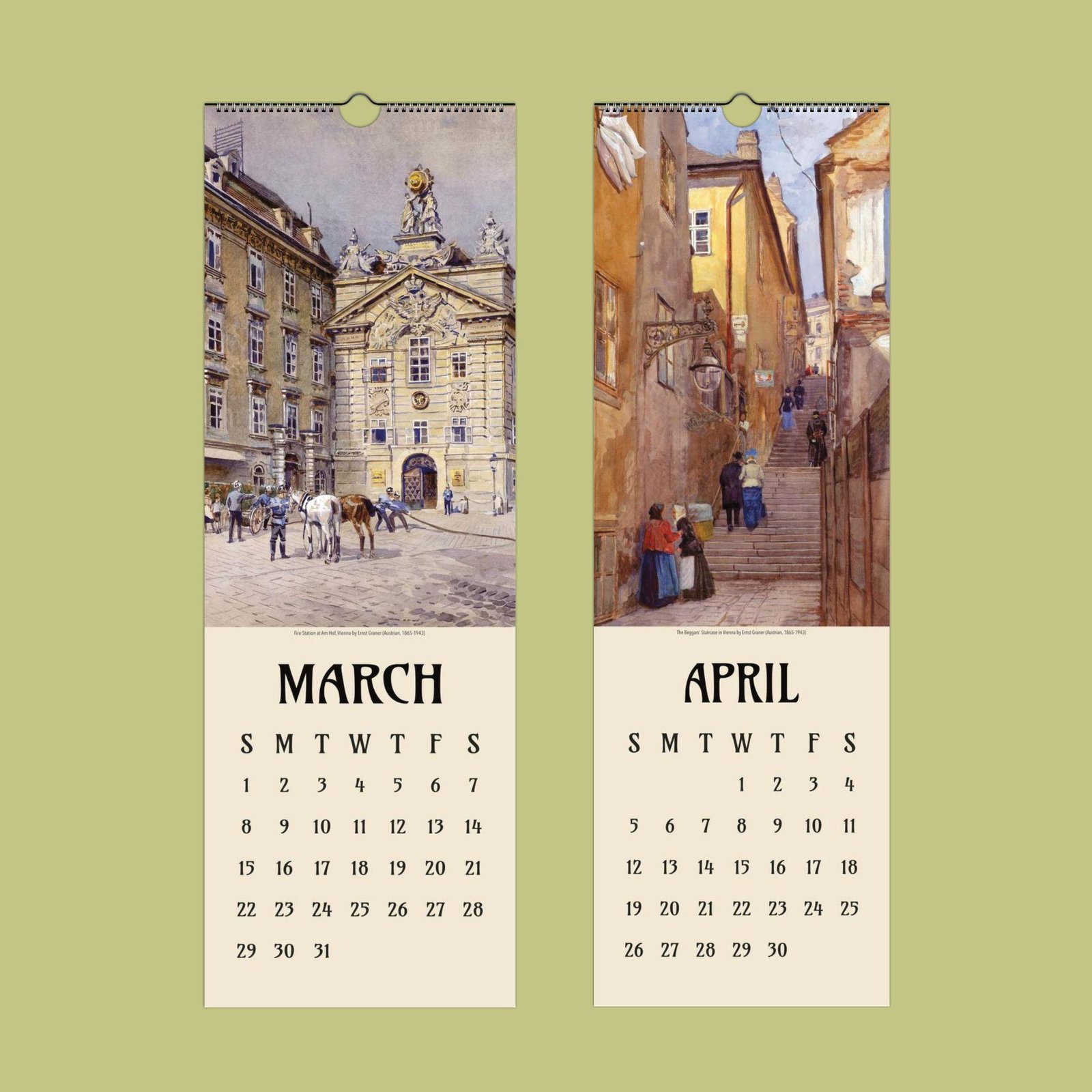 March and April vintage calendar pages with paintings.