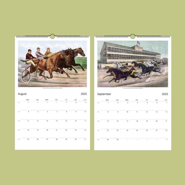 2025 calendar showing horse racing illustrations.