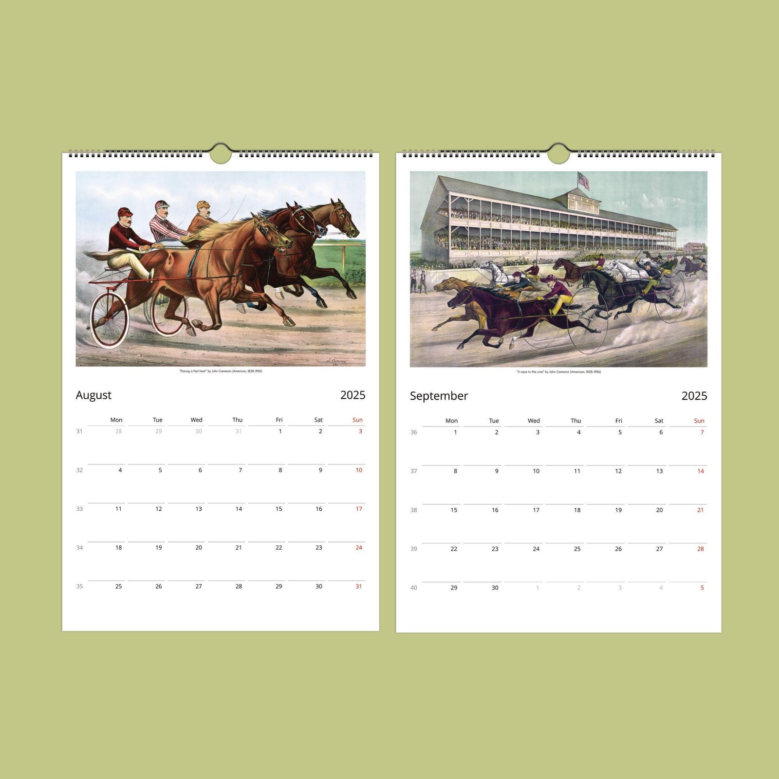 2025 calendar showing horse racing illustrations.