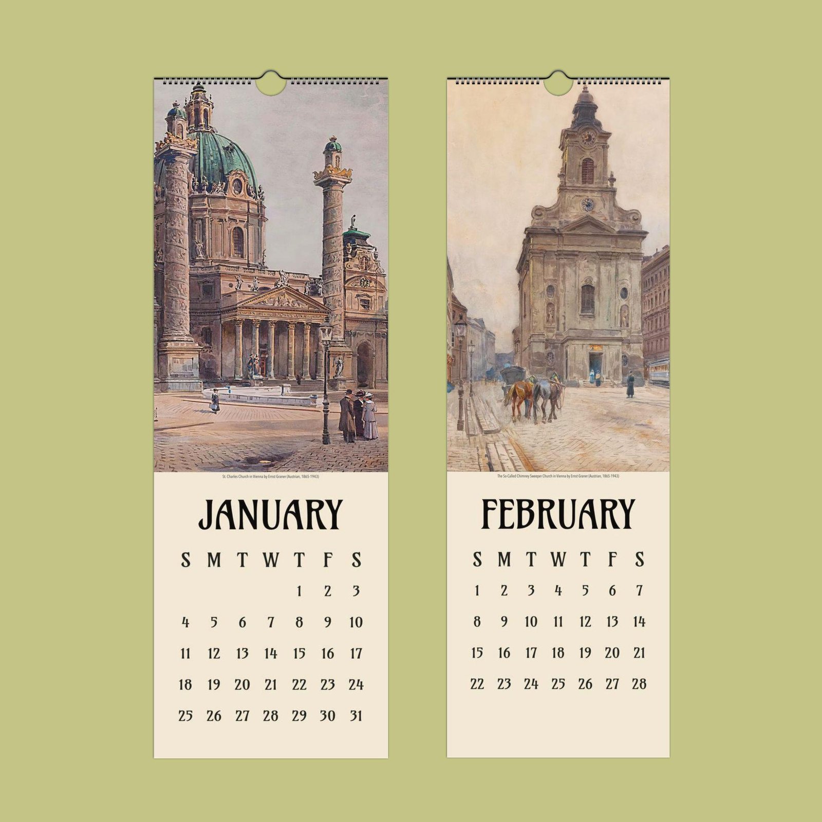 Vintage calendar with classical architecture illustrations.
