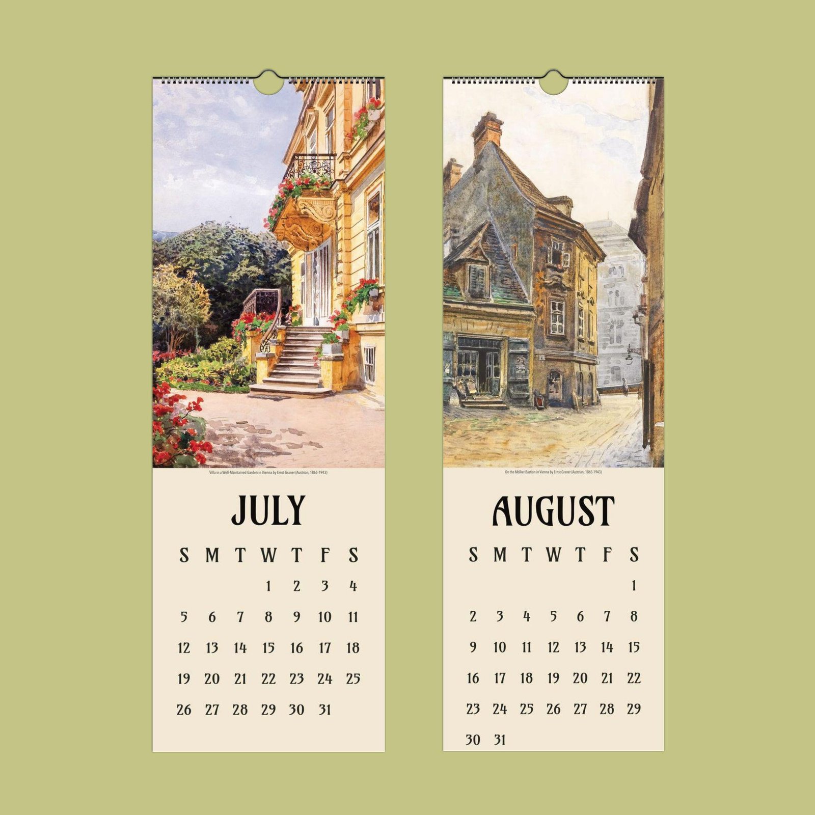 July and August 2023 calendar pages with illustrations.