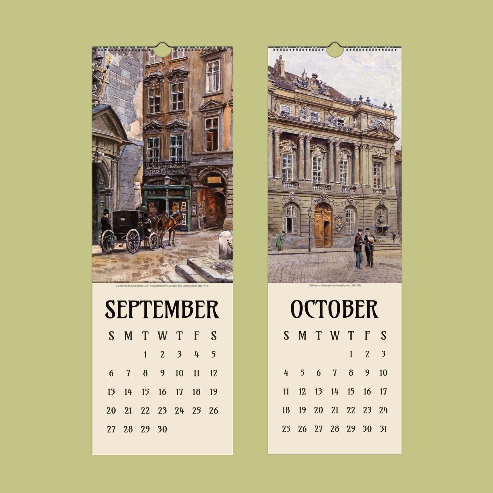 Calendar pages for September and October with paintings.
