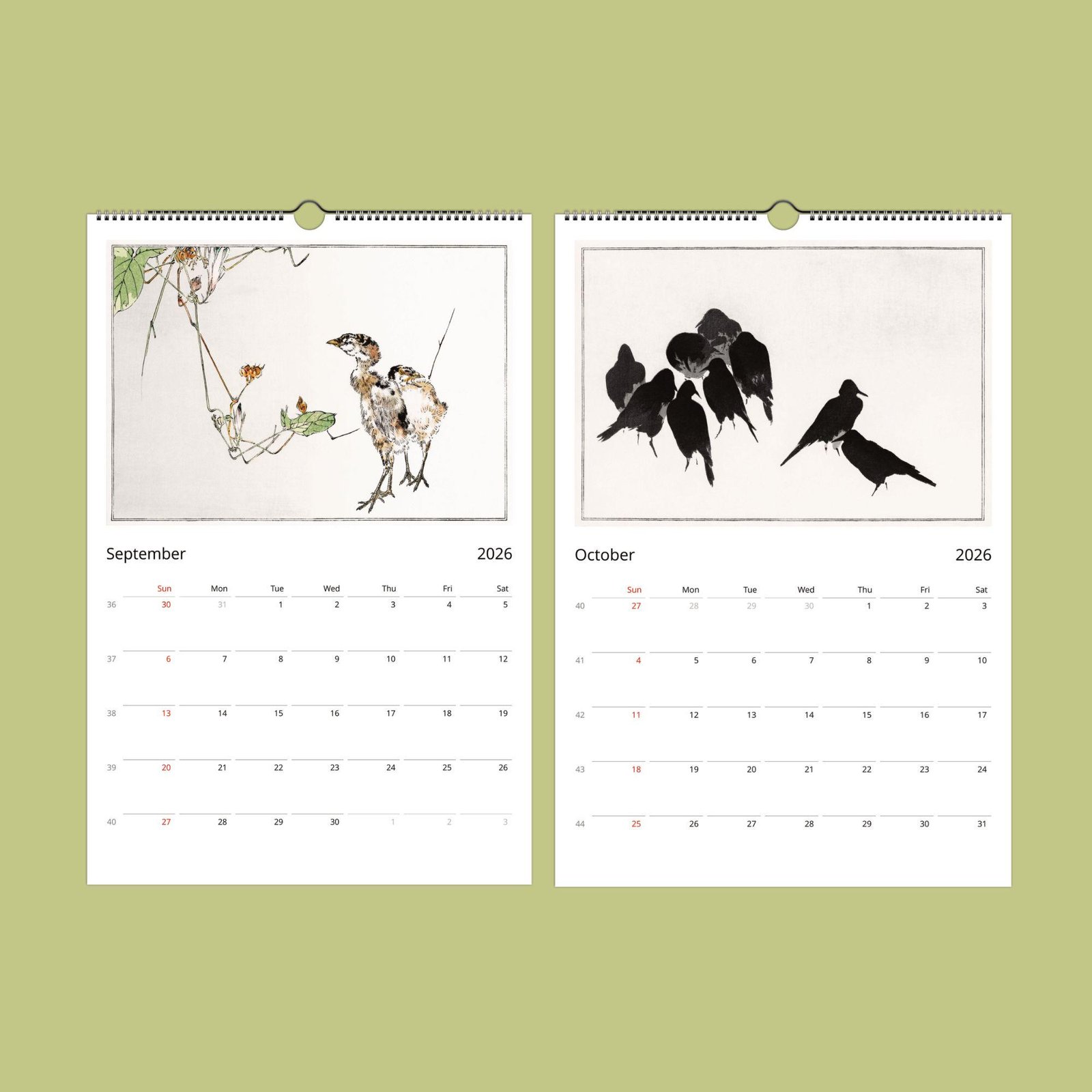 2026 calendar with birds for September and October.