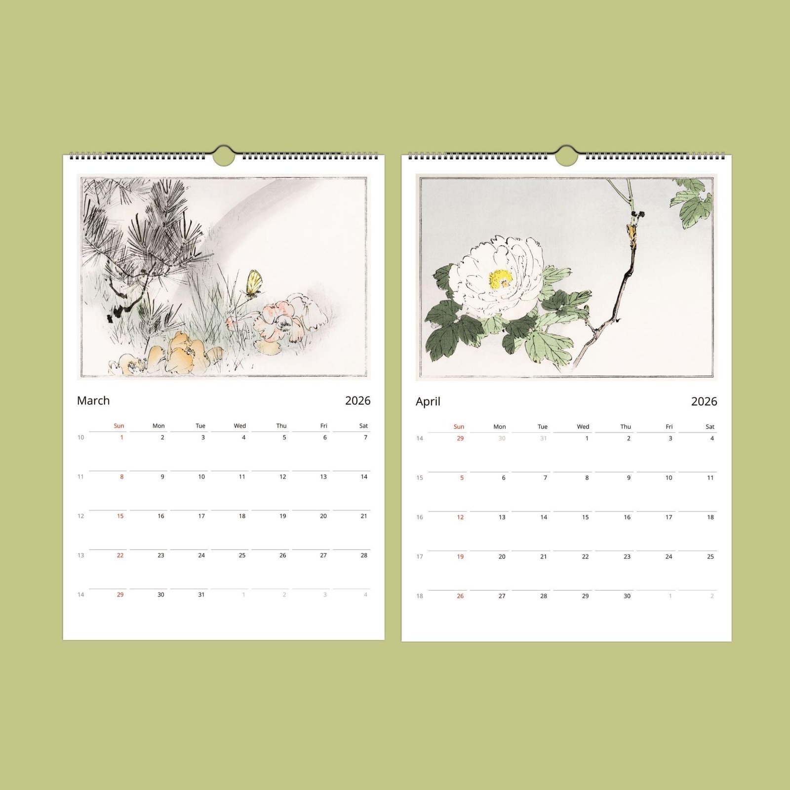 March-April 2026 calendar with floral artwork.