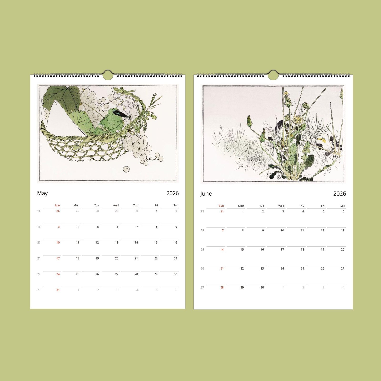 2026 calendar with art for May and June.