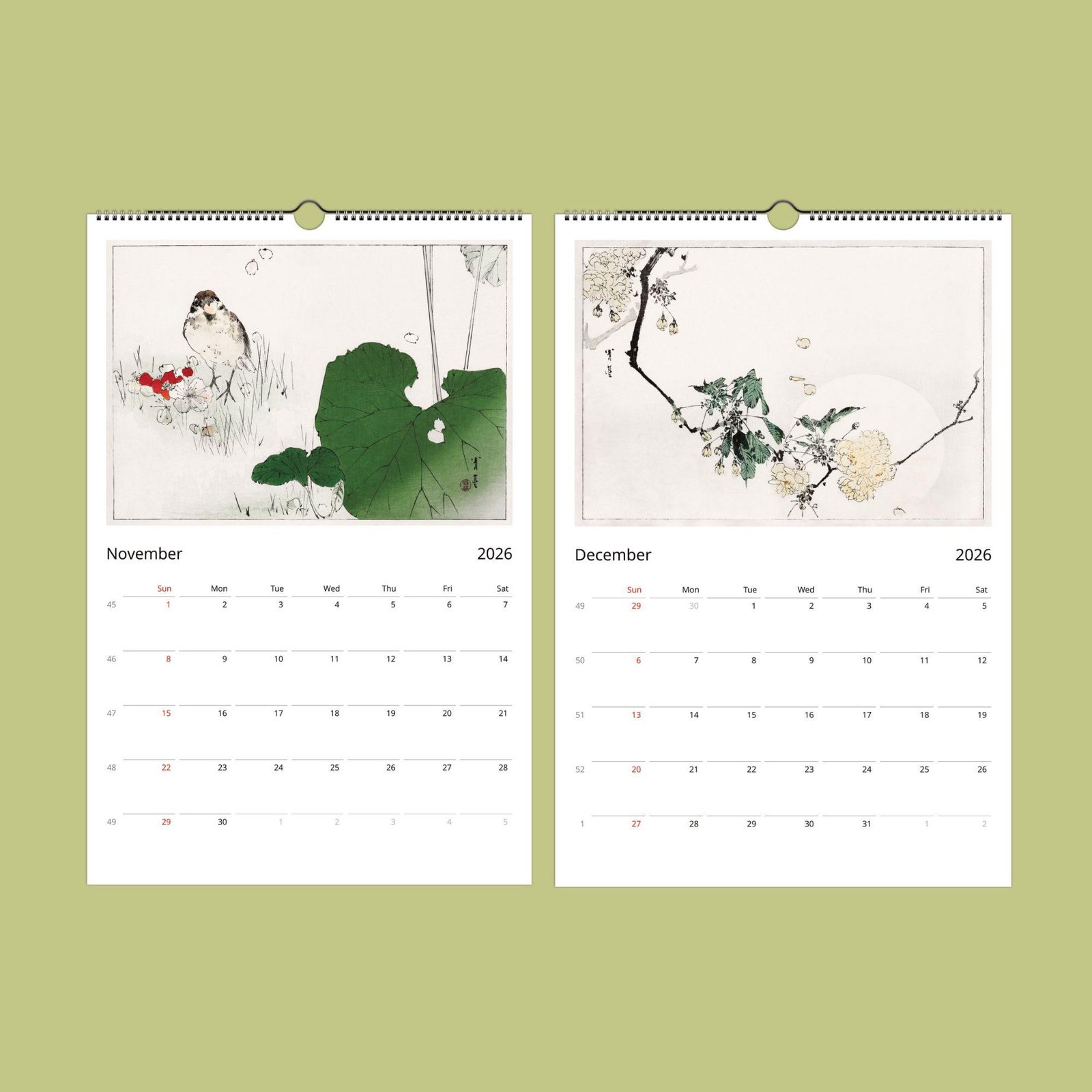 2026 calendar with nature art for November and December.