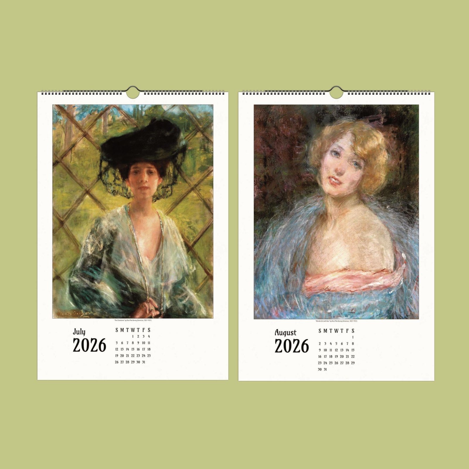 2026 calendar with vintage paintings for July and August.