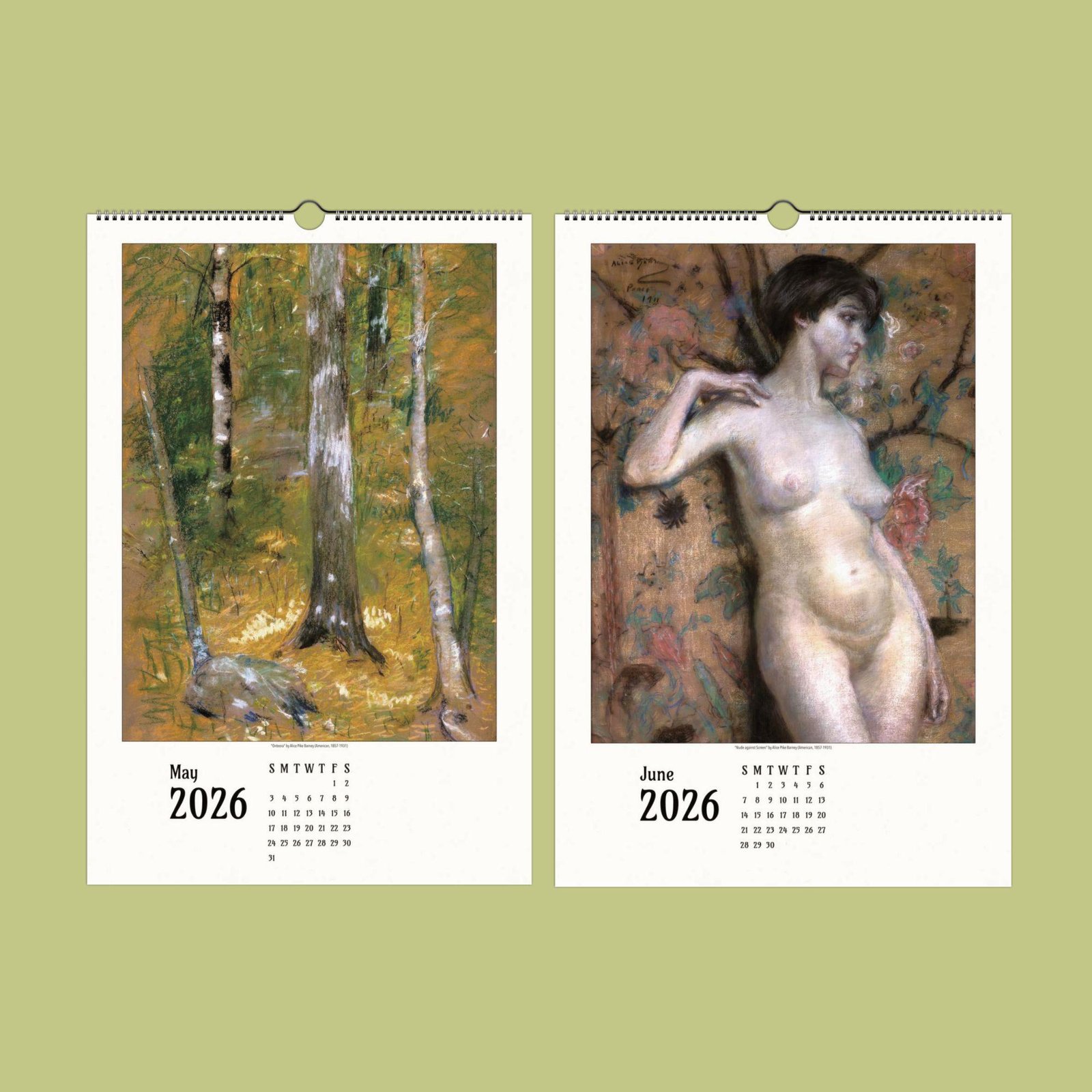 2026 calendar with nature and figure art.