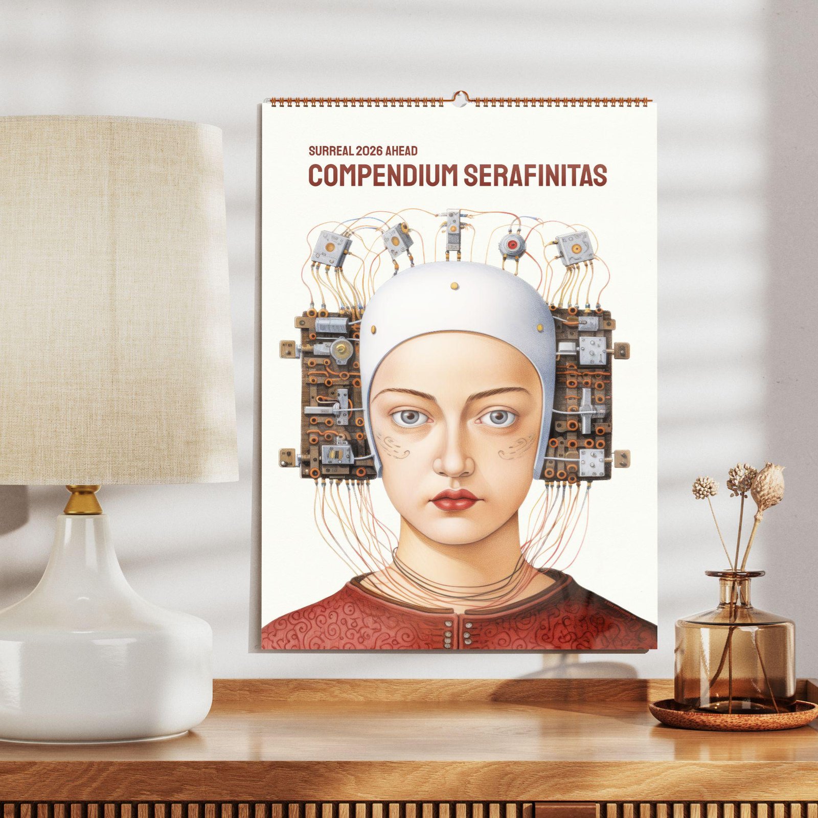 Surreal 2026 calendar with robotic portrait art.