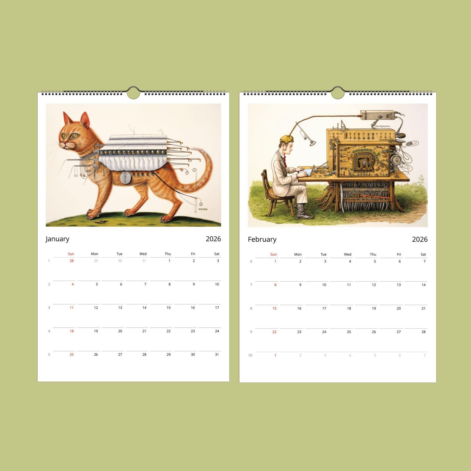 Whimsical cat and inventor illustrations on 2026 calendar.