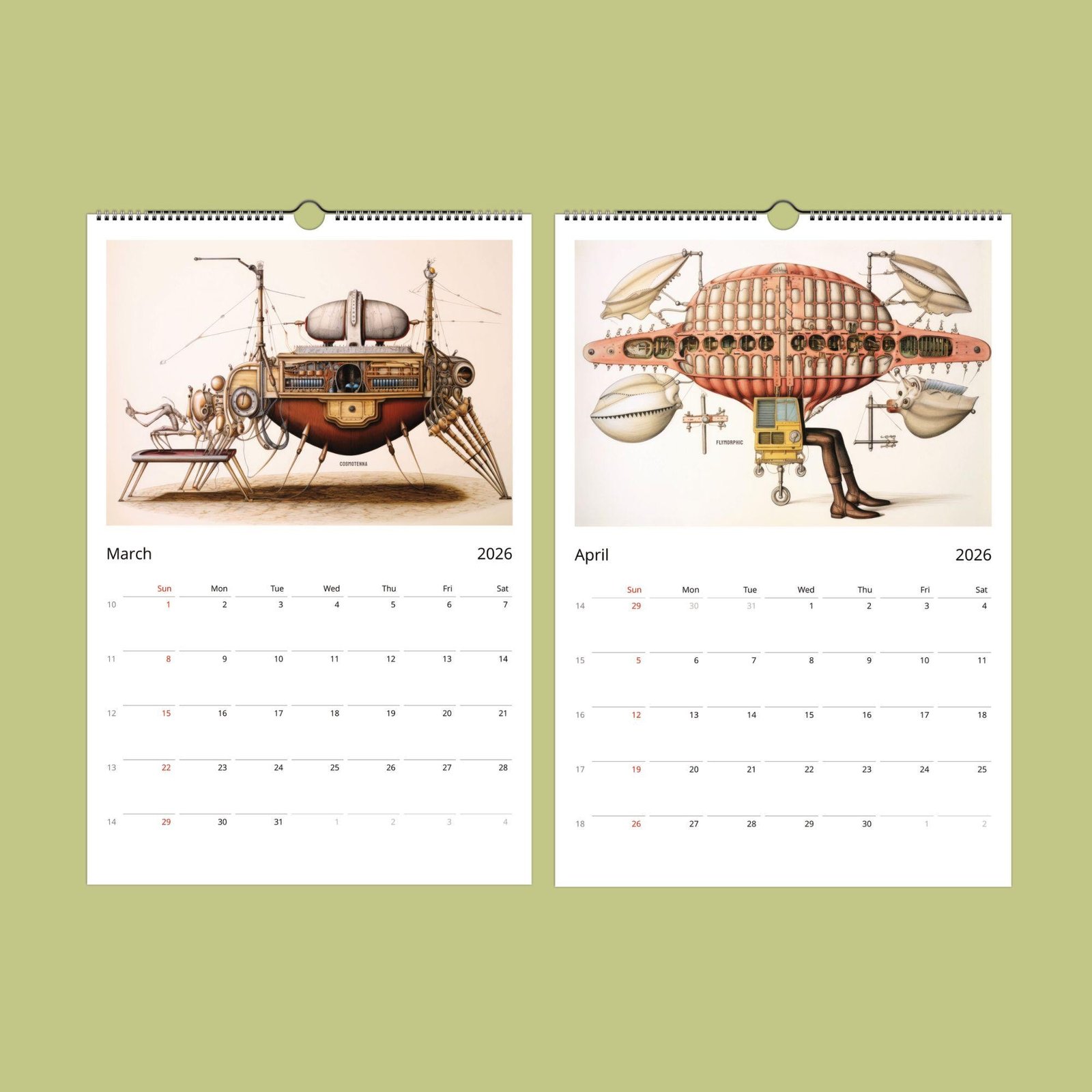 2026 calendar with illustrated futuristic vehicles.