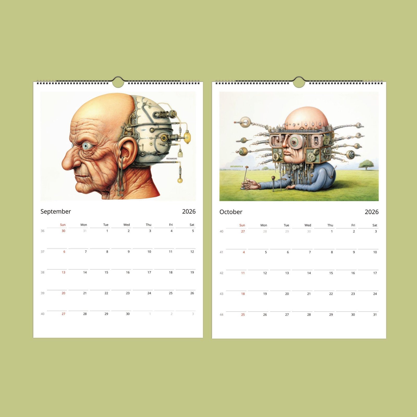 Surreal calendar art for September and October 2026.