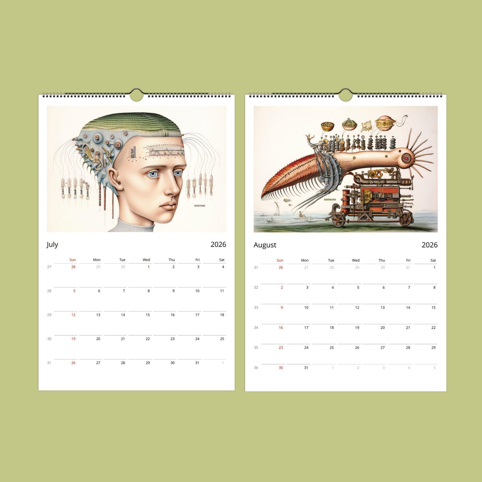 Surreal 2026 calendar art for July and August.