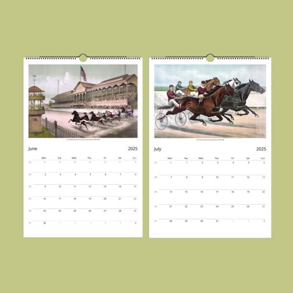 Vintage horse racing calendar for June and July 2025.