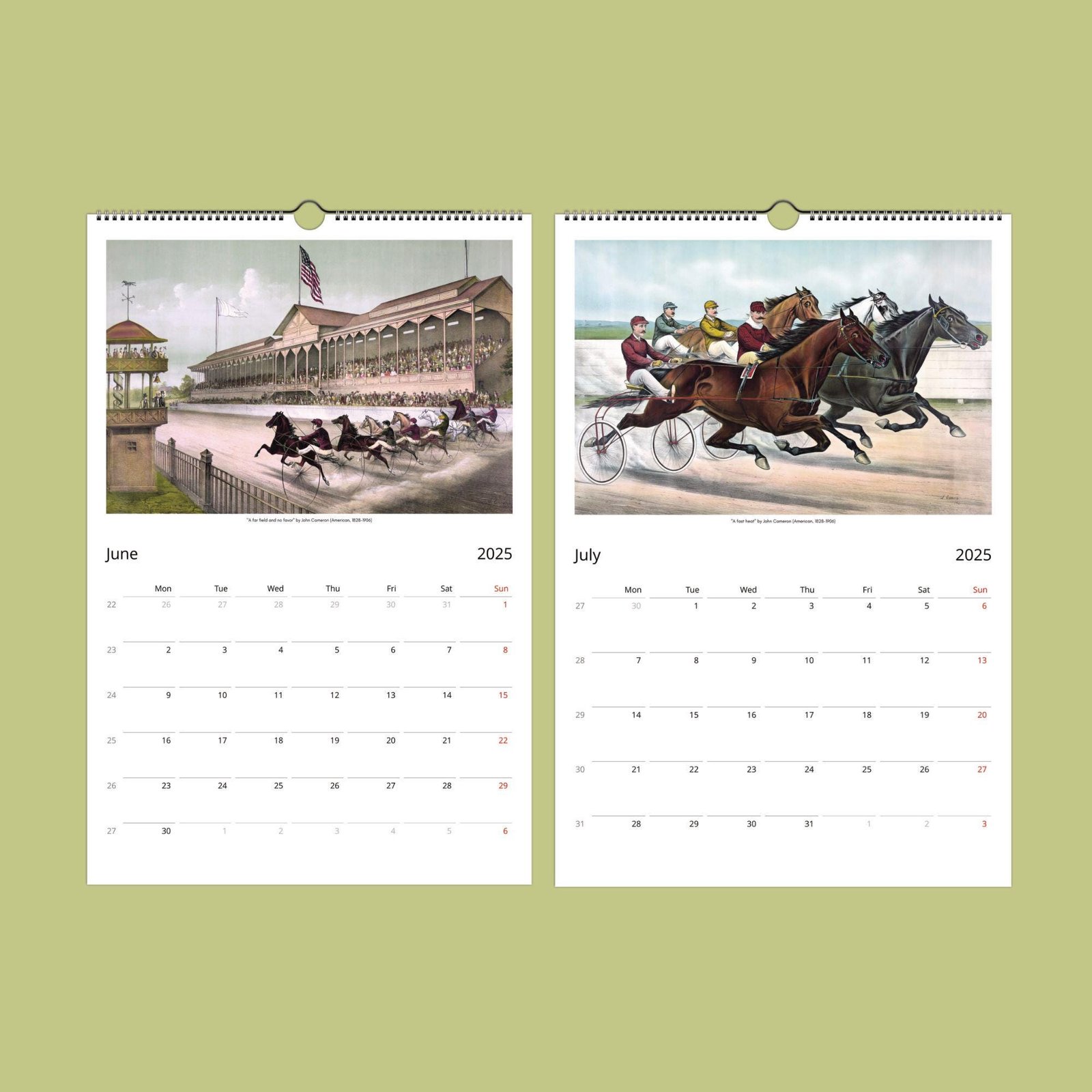 Vintage horse racing calendar for June and July 2025.