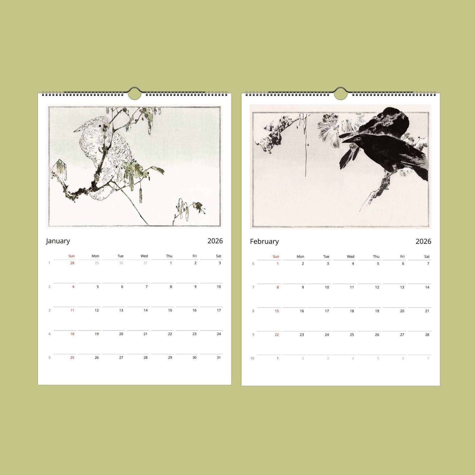 2026 calendar with bird illustrations for January, February