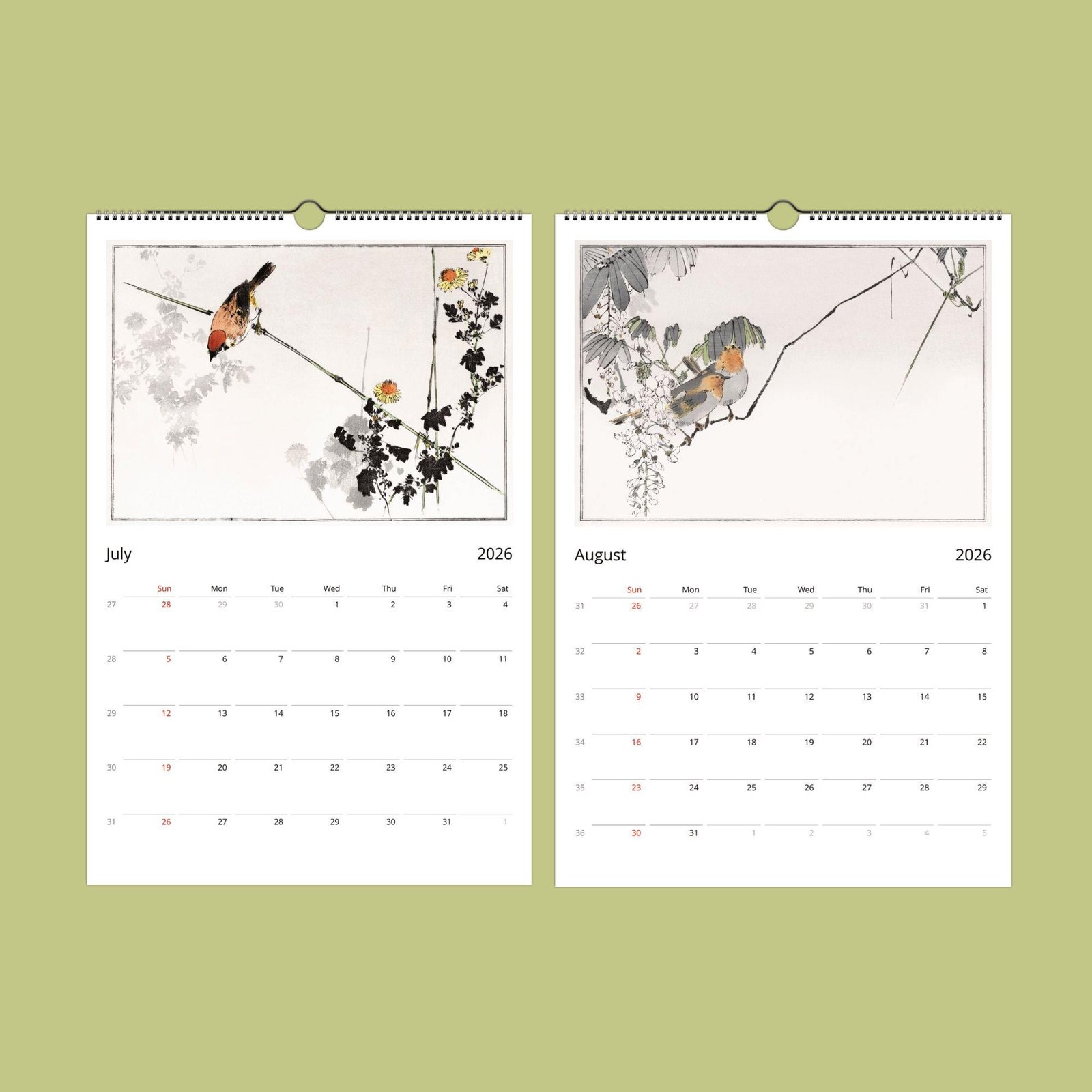 2026 calendar pages for July and August.