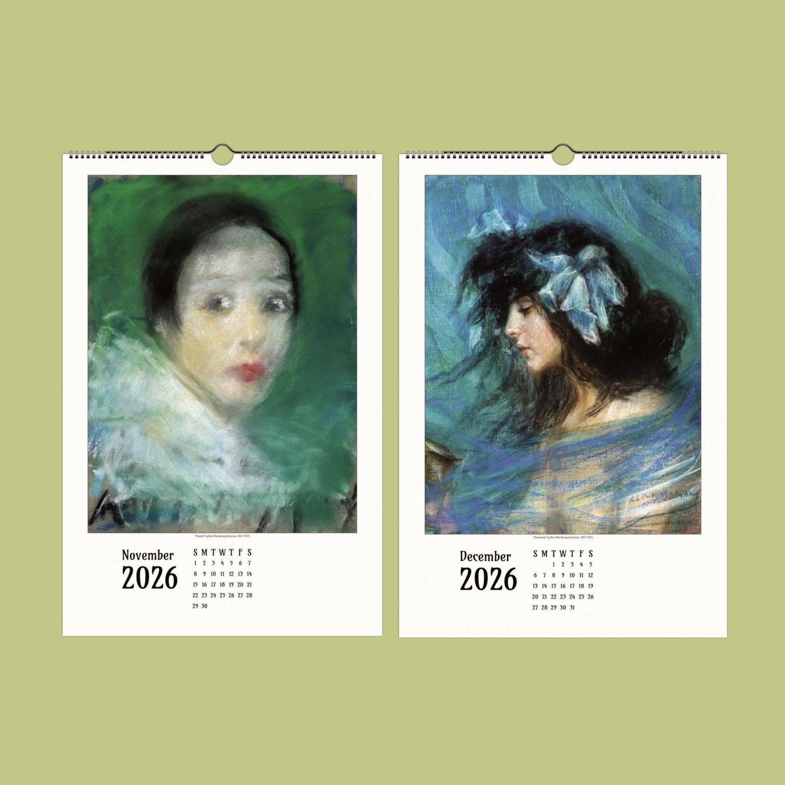 Artistic 2026 calendar, November and December pages