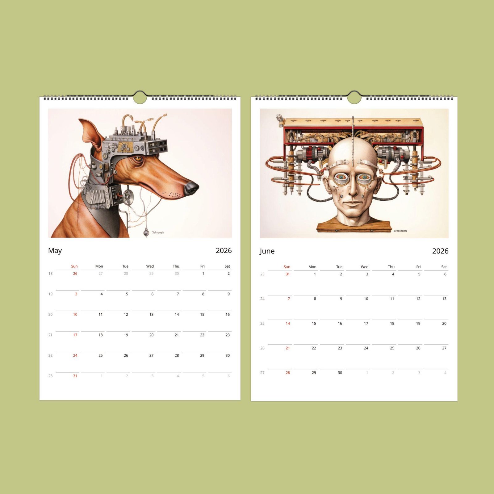 2026 calendar with surreal illustrations for May, June.