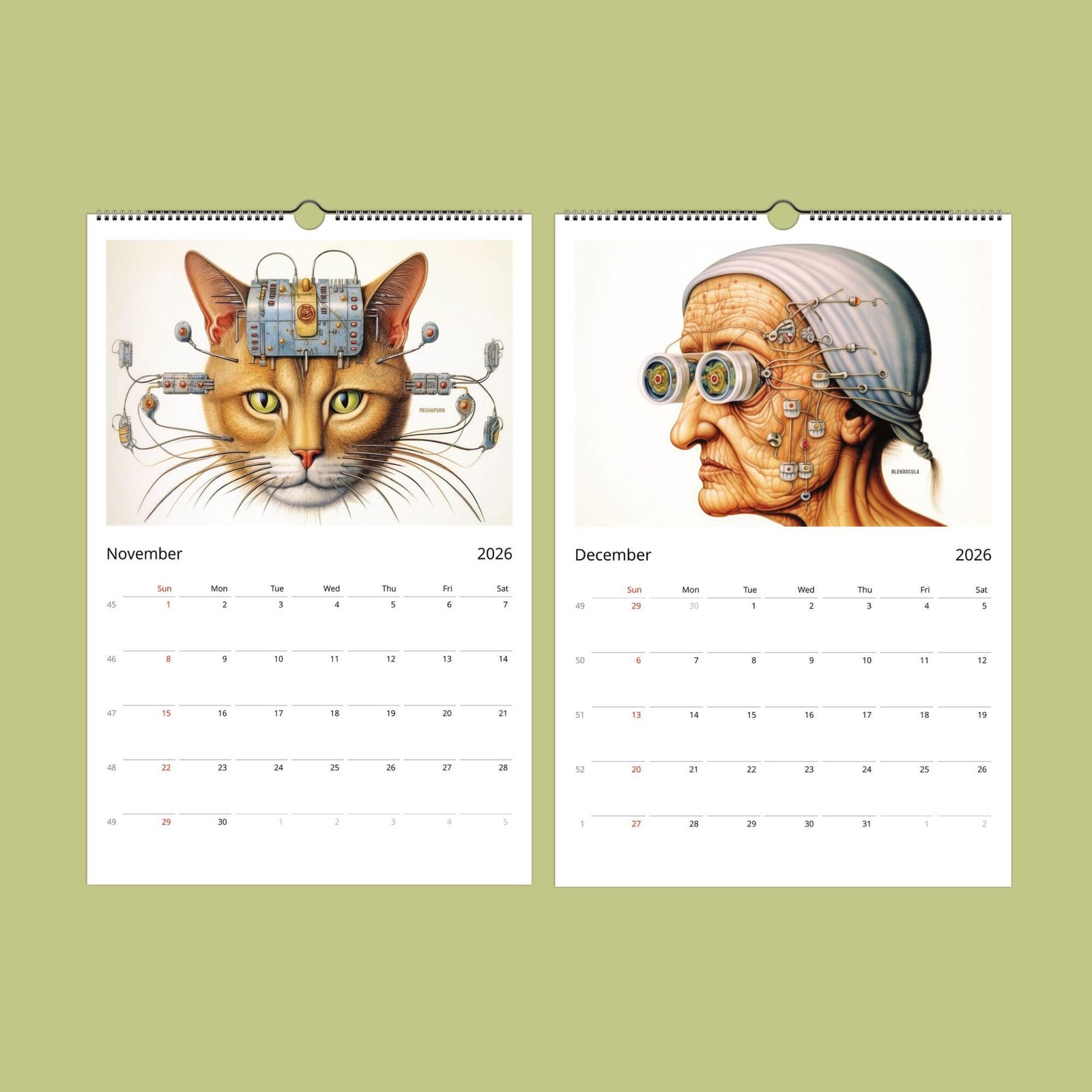 2026 calendar with cybernetic cat and human illustrations.