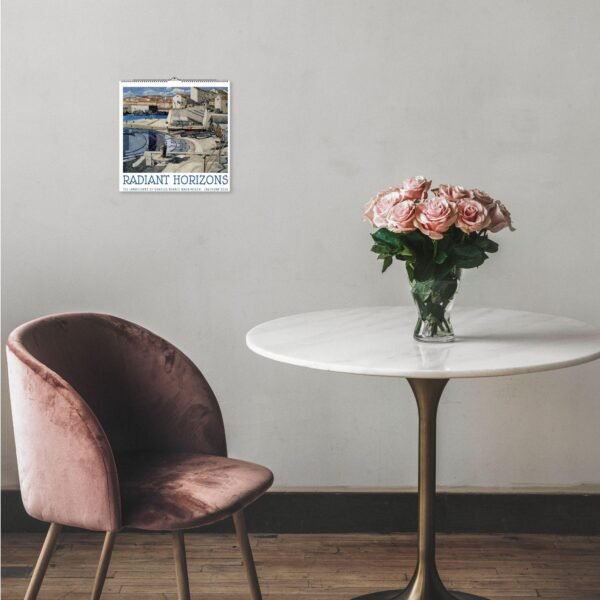 Calendar on wall above elegant table with roses.