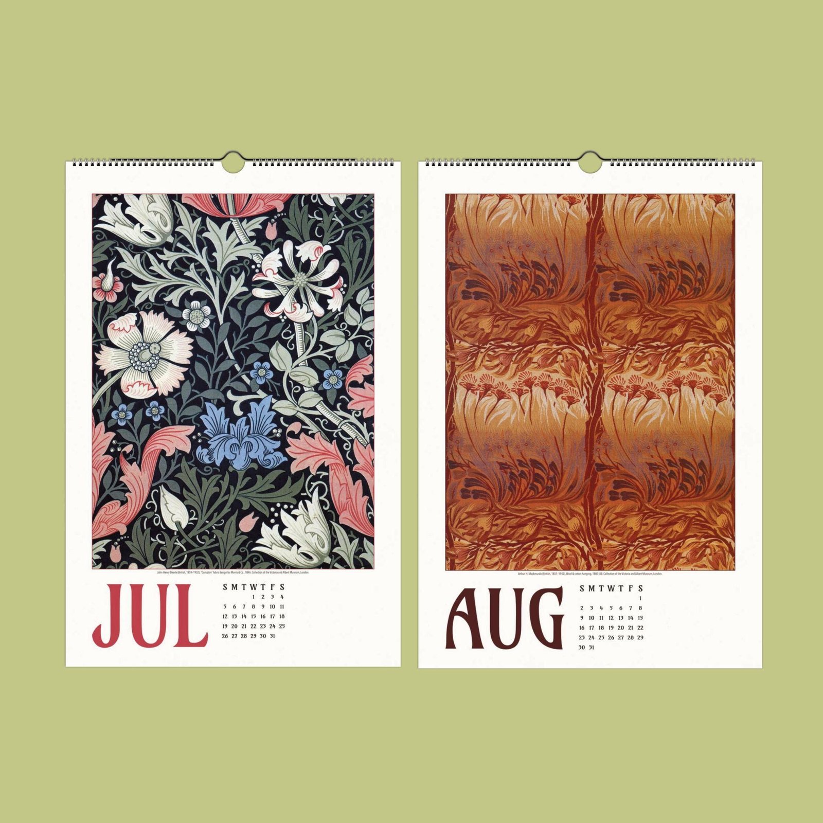 Floral July and abstract August calendar pages.