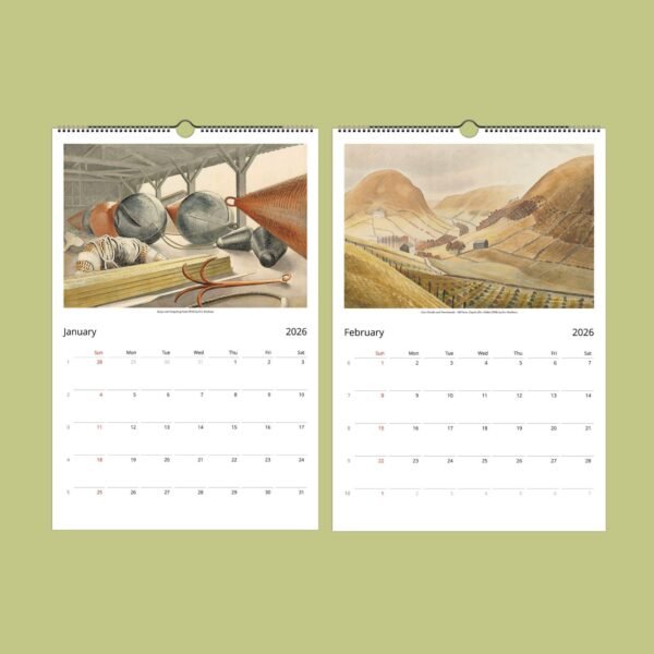 2026 calendar with art illustrations, January and February
